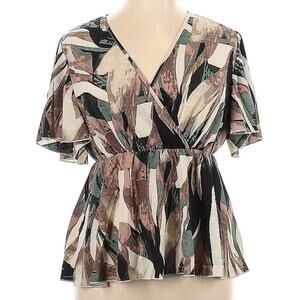 Artsy Abstract Plus Size 1XL Green Brown Goblin Babydoll Y2K Casual Blouse Top